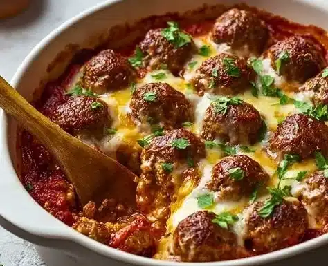 Delicious meatball casserole topped with melted cheese and savory sauce