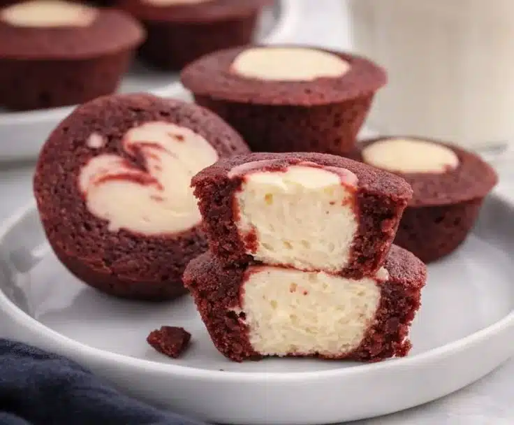 Delicious mini red velvet cheesecakes topped with cream cheese frosting