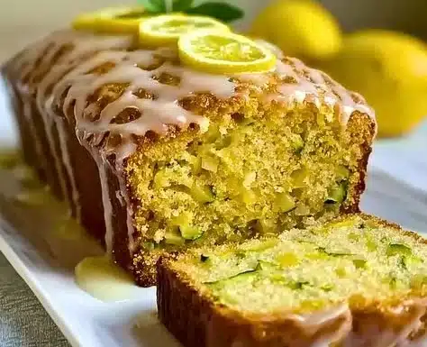 Sliced moist lemon zucchini cake with a sweet glaze on a white plate