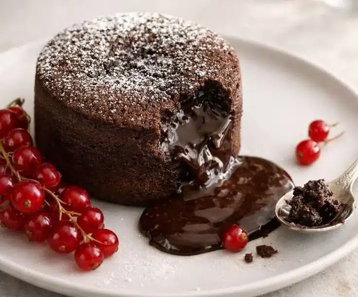 Delicious molten chocolate lava cake served with ice cream and berries
