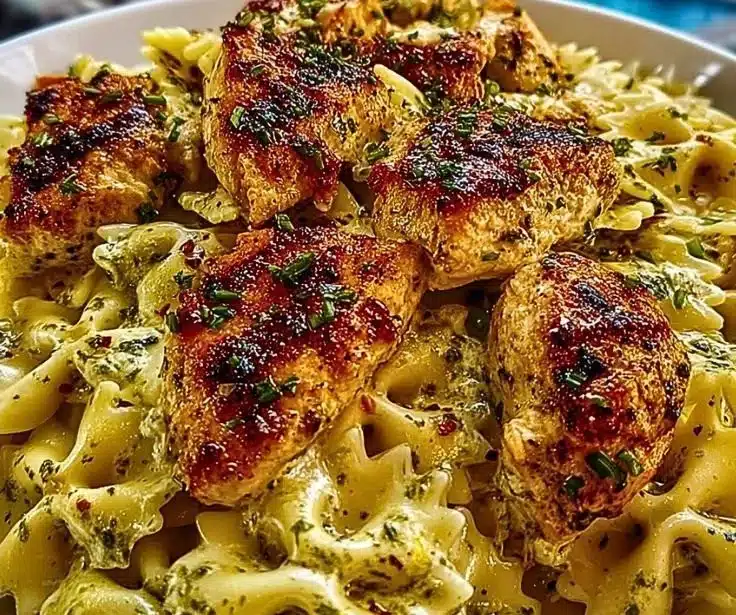 Mozzarella garlic butter chicken bowties served in cheesy cream sauce