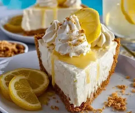 No Bake Lemon Pie garnished with lemon slices and mint leaves