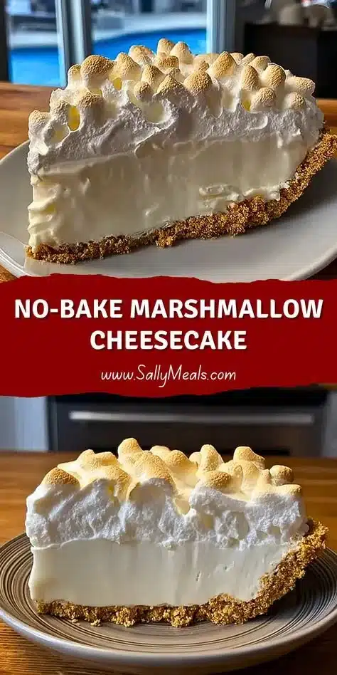 No-bake marshmallow cheesecake topped with whipped cream and chocolate drizzle.