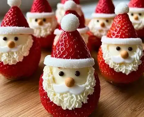 No-Bake Strawberry Santas decorated with whipped cream and chocolate