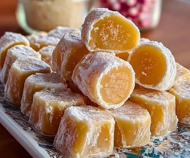 Old fashioned potato candy on a wooden table with a rustic background.