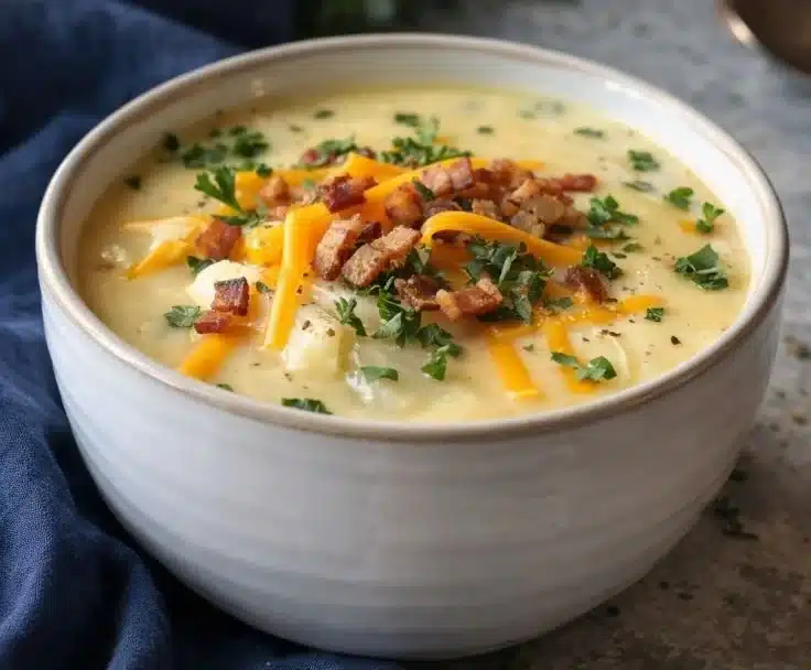 Bowl of creamy potato soup inspired by Outback Steakhouse recipe