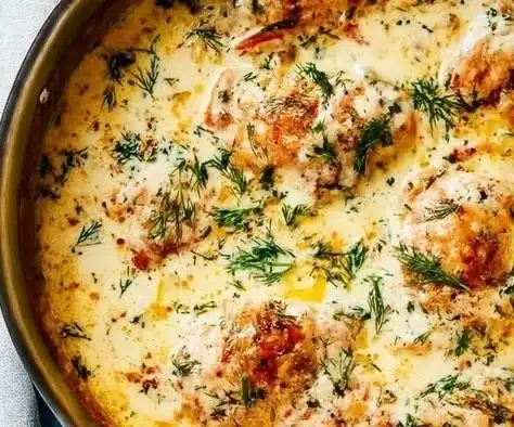 Juicy oven baked chicken thighs served on a plate with herbs