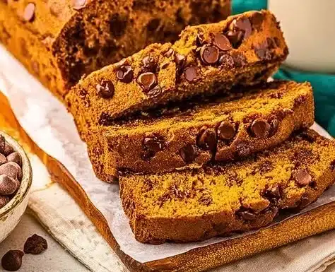 Pumpkin Chocolate Chip Bread 2 Loaf of Pumpkin Chocolate Chip Bread with chocolate chips and pumpkin garnish