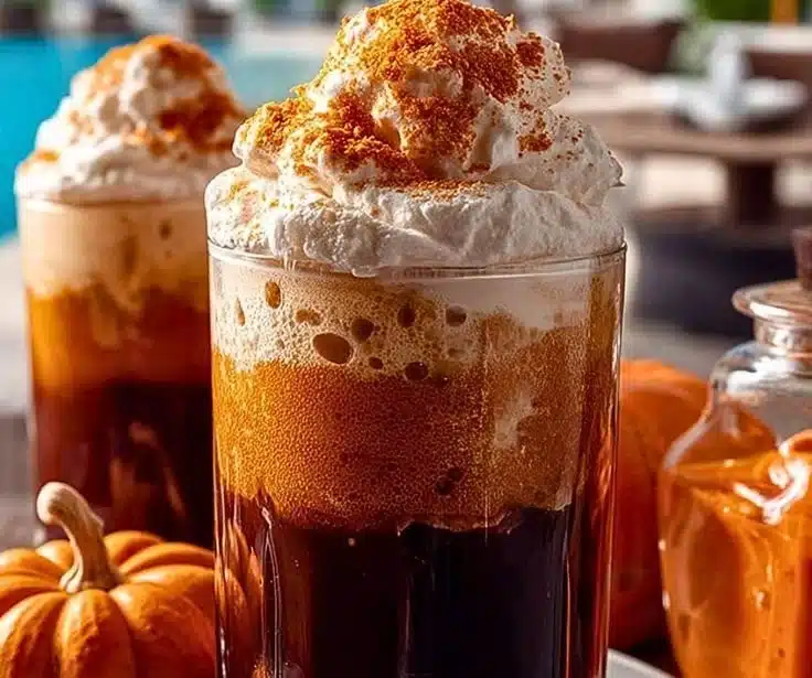 Delicious Pumpkin Cold Foam topping on a latte in a clear glass.