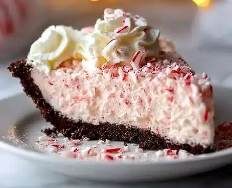 Quick Christmas Peppermint Pie topped with whipped cream and peppermint sprinkles