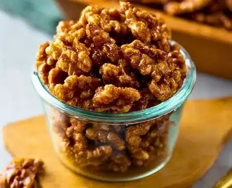 Quick toffee candied walnuts recipe for a sweet snack or dessert topping