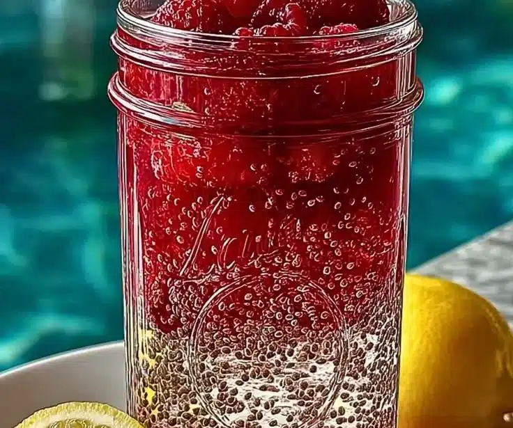 Raspberry Lemon Chia Seed Water in a glass with fresh berries and lemon slices