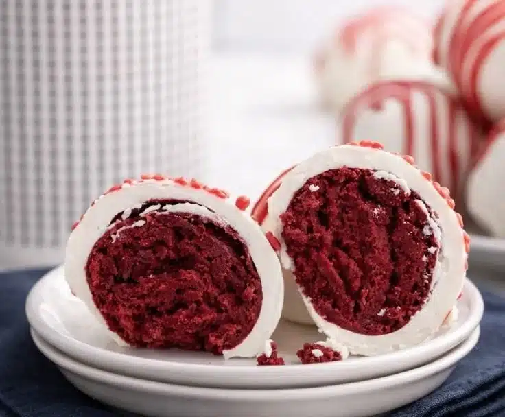Delicious red velvet cheesecake bites on a dessert platter