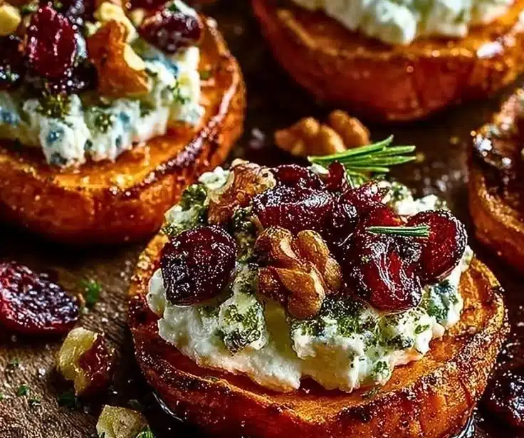 Roasted sweet potato rounds garnished with herbed ricotta, walnuts, and cranberries