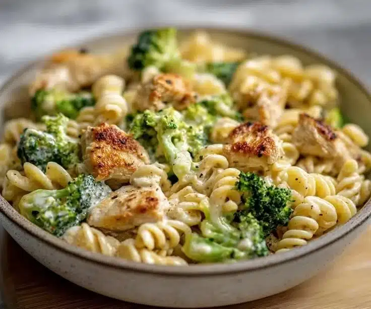 Creamy rotisserie chicken broccoli pasta in a one-pot dish