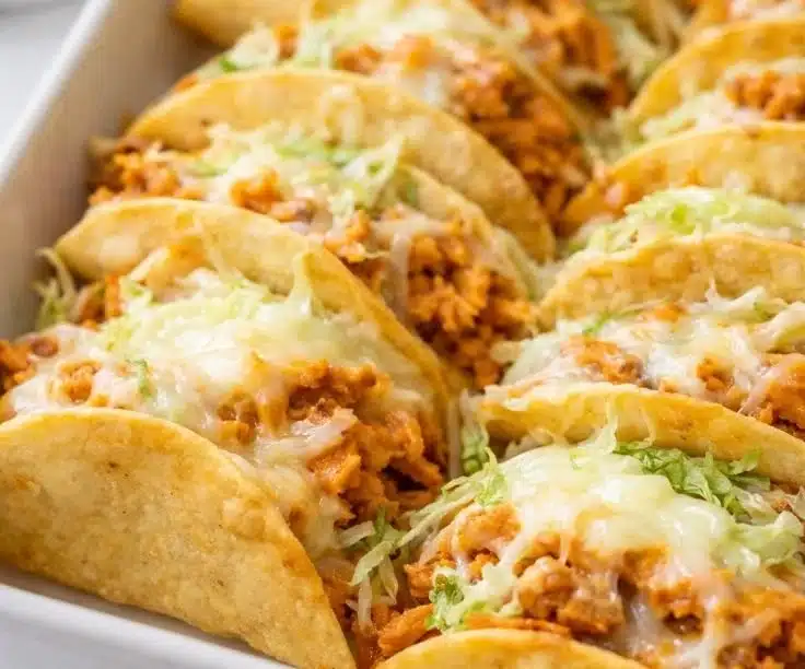 Delicious rotisserie chicken tacos served with fresh toppings and crispy edges.