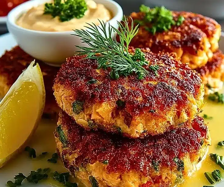Homemade salmon cakes prepared with canned salmon, served on a plate.