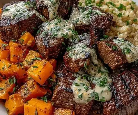 Savory butternut squash and garlic herb steak bowls ready to serve.