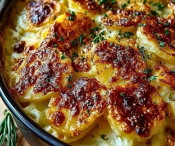 Delicious serving of creamy scalloped potatoes topped with cheese