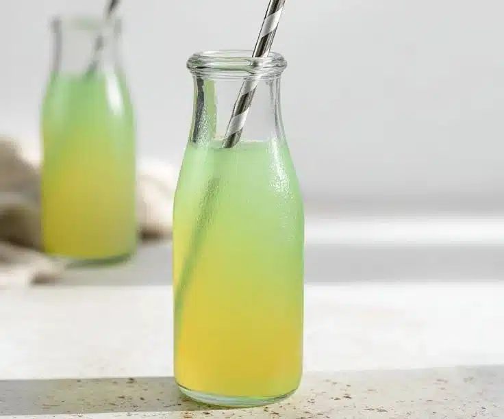 A glass of refreshing green apple soda with a vibrant green hue and bubbles