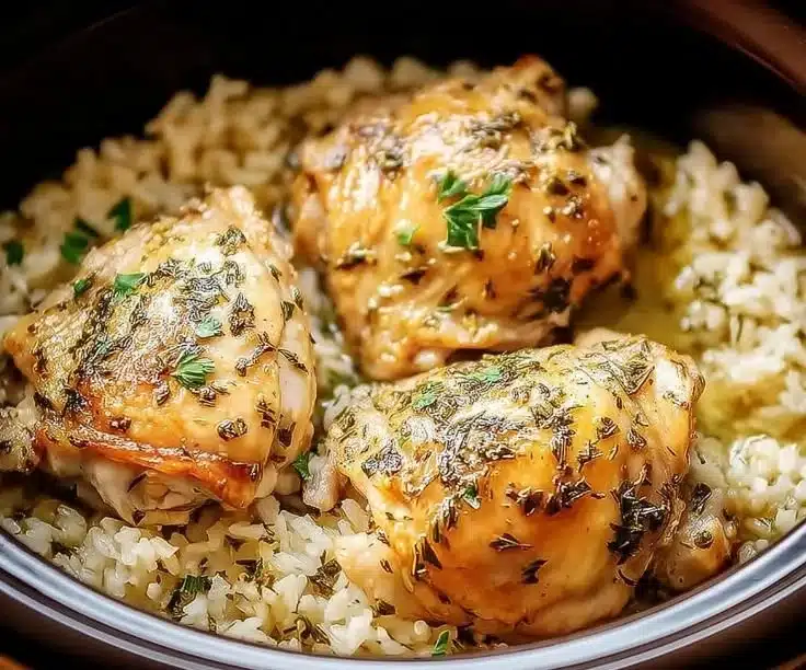 Slow Cooker Lemon Herb Chicken and Rice dish served in a bowl