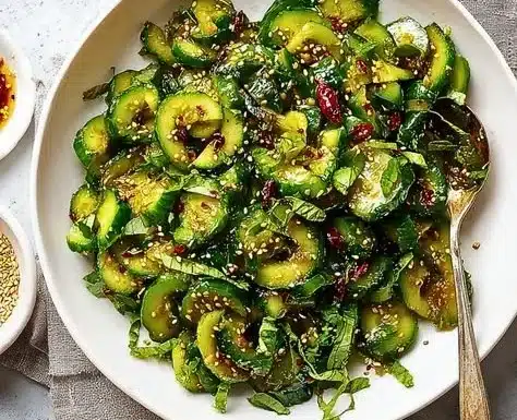 Smashed Asian Cucumber Salad garnished with herbs and sesame seeds