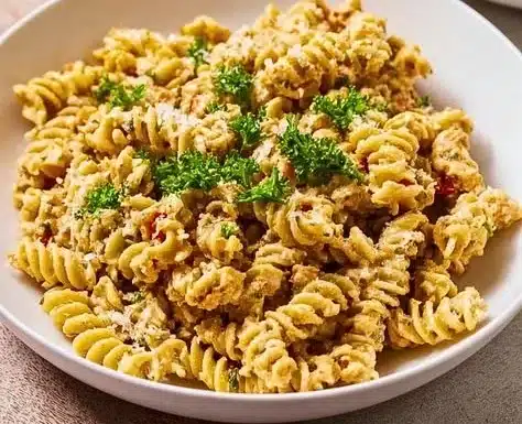 Delicious Spicy Garlic Parmesan Lentil Pasta dish served in a bowl