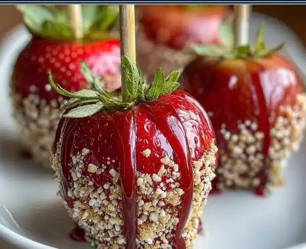 Delicious Strawberry Shortcake Candy Apples decorated with cream and strawberries