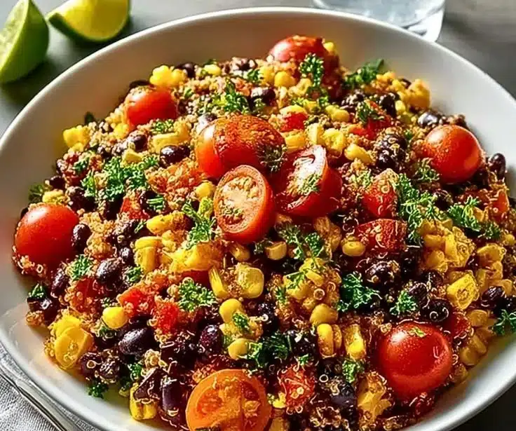 Colorful Sweet Corn and Black Bean Quinoa Salad in a bowl, healthy and nutritious