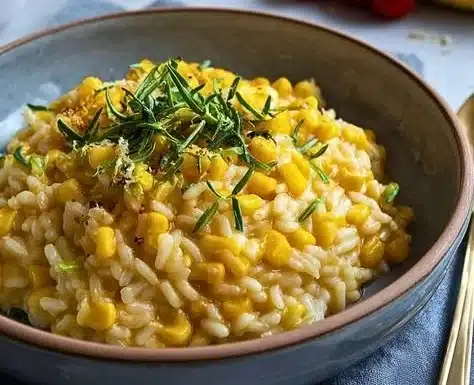 Sweet Corn Risotto 9 Creamy Sweet Corn Risotto garnished with fresh herbs in a bowl.