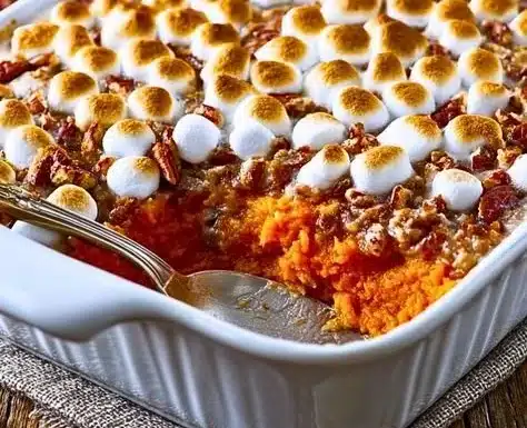 Delicious sweet potato casserole made with canned yams and topped with marshmallows