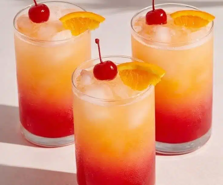 Refreshing Tequila Sunrise cocktail garnished with orange slice and cherry
