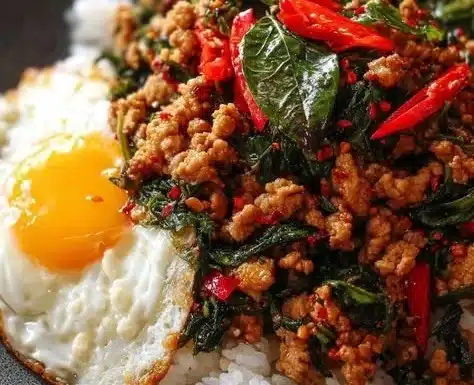 Delicious Thai Basil Chicken stir-fry served in a bowl with fresh herbs