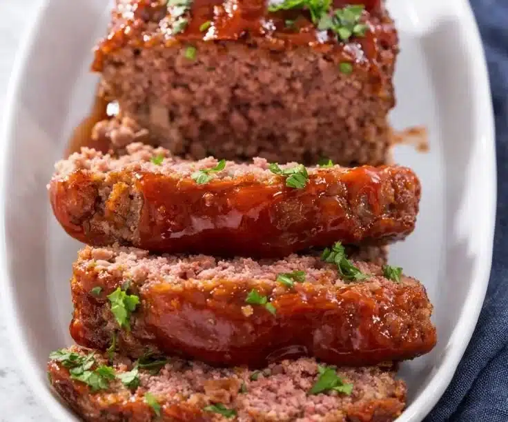 Delicious homemade meatloaf served with mashed potatoes and green beans