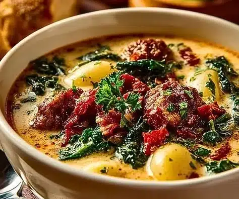 Delicious bowl of homemade Tuscany Soup featuring fresh vegetables and herbs.