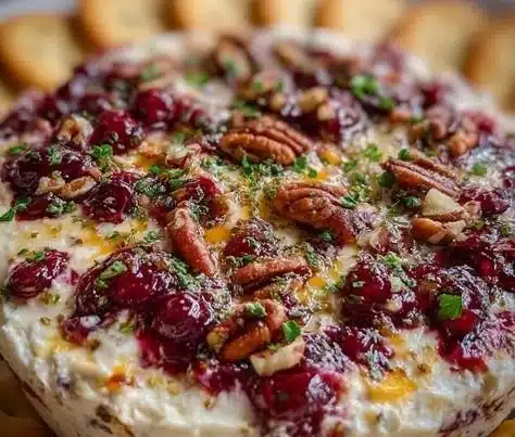 Baked cranberry cream cheese dip served in a dish, garnished with herbs.