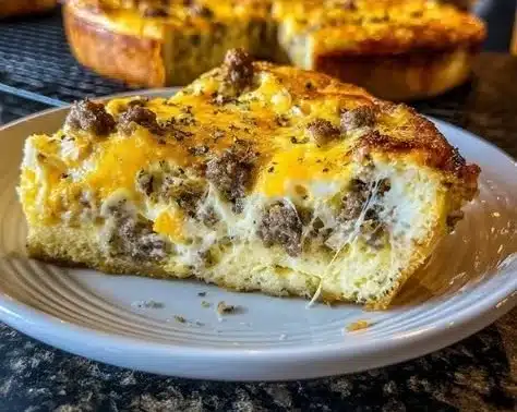 Delicious breakfast casserole baked with eggs, cheese, and vegetables.