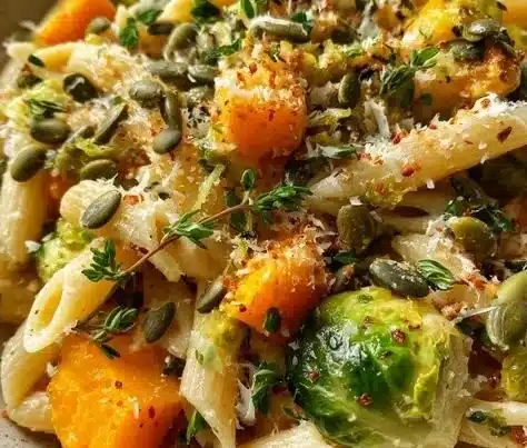 Brussels sprouts and butternut squash pasta dish garnished with herbs