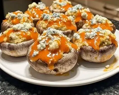 Plate of delicious Buffalo-Stuffed Mushrooms garnished with herbs