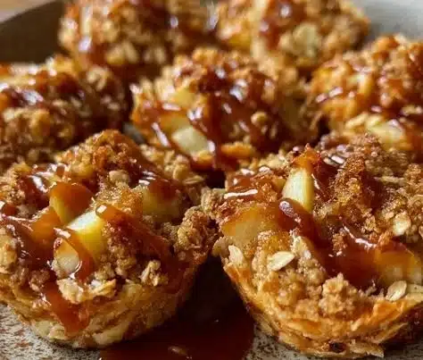 Caramel Apple Crisp Bites 2 Delicious caramel apple crisp bites topped with caramel and apple slices