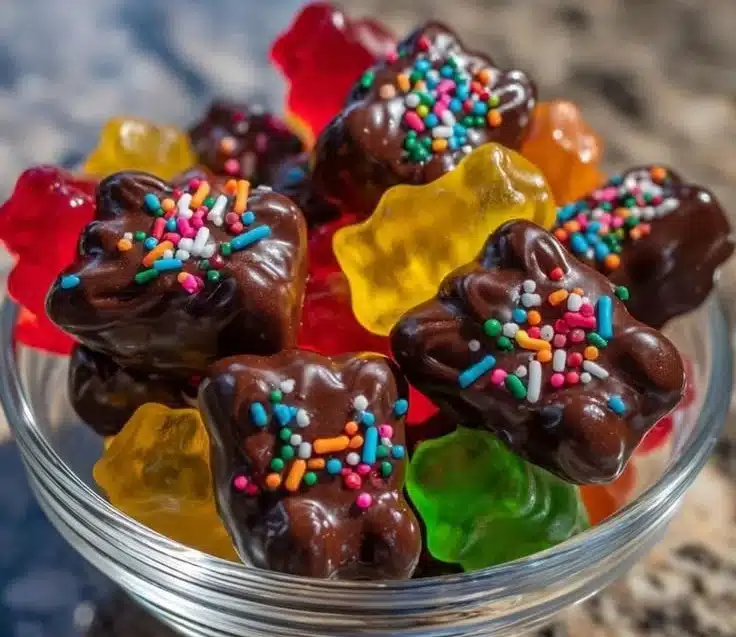 Chocolate-Dipped Haribo Gummy Bears 5 Chocolate-dipped gummy bears on a colorful background