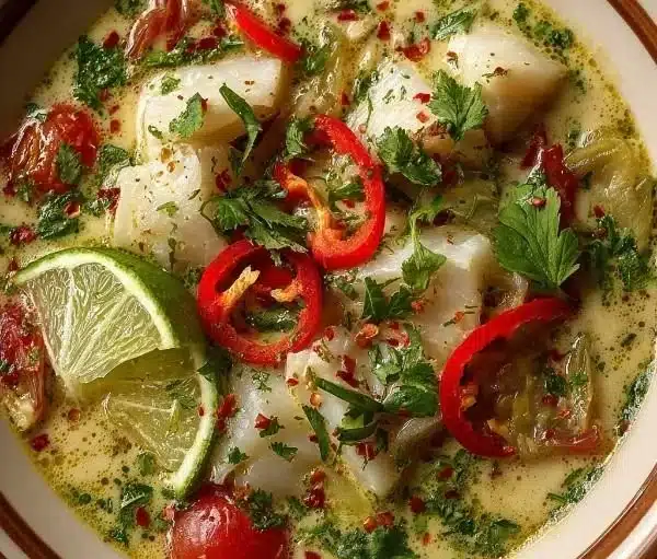 Delicious Coconut Lime Fish Soup garnished with fresh herbs and lime slices