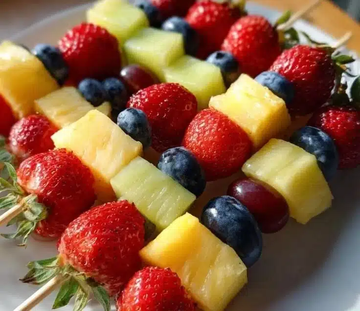 Colorful fruit kabobs arranged on a platter with vibrant fruits