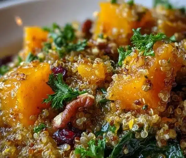 Bowl of cozy quinoa butternut squash topped with herbs.