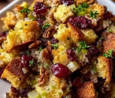 A bowl of delicious cranberry apple stuffing, perfect for holiday meals.