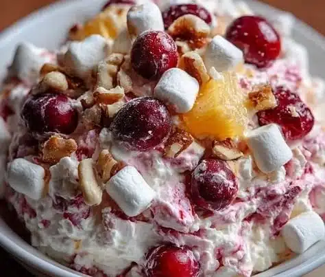 Delicious Cranberry Fluff Salad with whipped cream and berries in a bowl