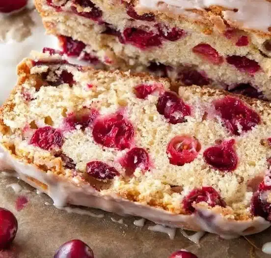 Freshly baked cranberry orange bread loaf with vibrant cranberries and orange zest
