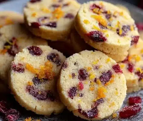 Cranberry Orange Shortbread Cookies 2 Cranberry Orange Shortbread Cookies on a plate with decorative garnish