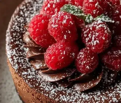 Dark chocolate raspberry mousse cake with fresh raspberries on top