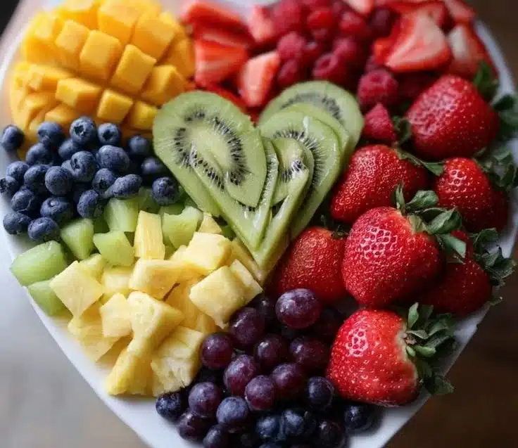 Enchanting fruit platter with a variety of fresh seasonal fruits on a decorative table.